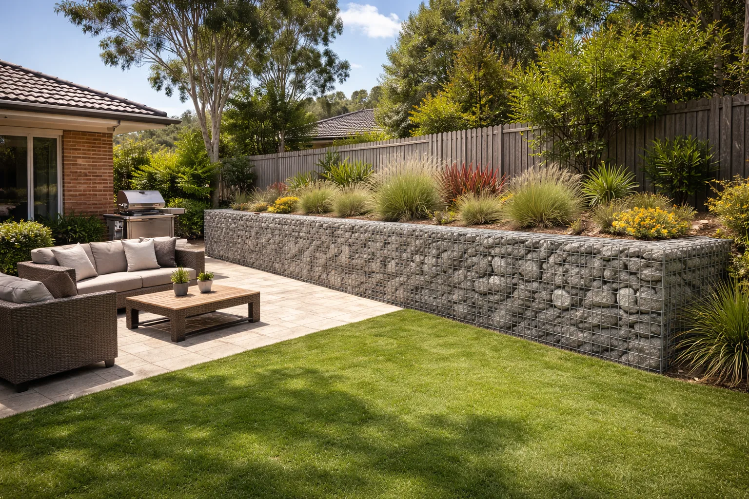 Gabion retaining wall built from stone-filled wire baskets