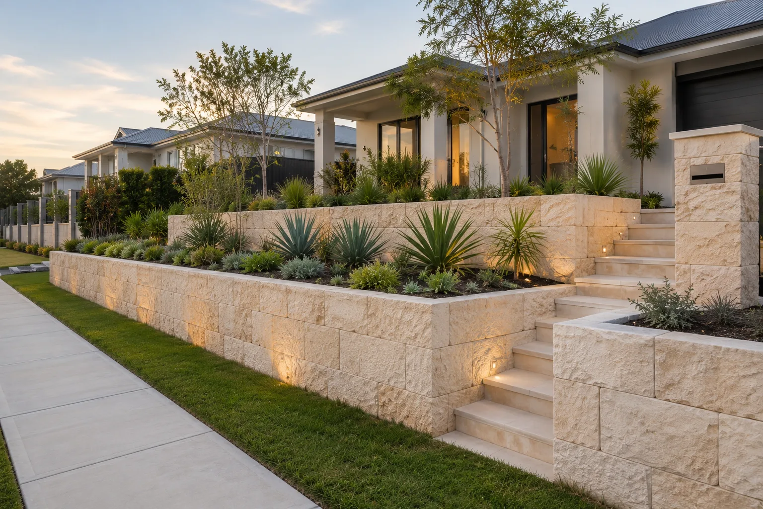 Large stone retaining wall built to commercial scale on a Canberra property