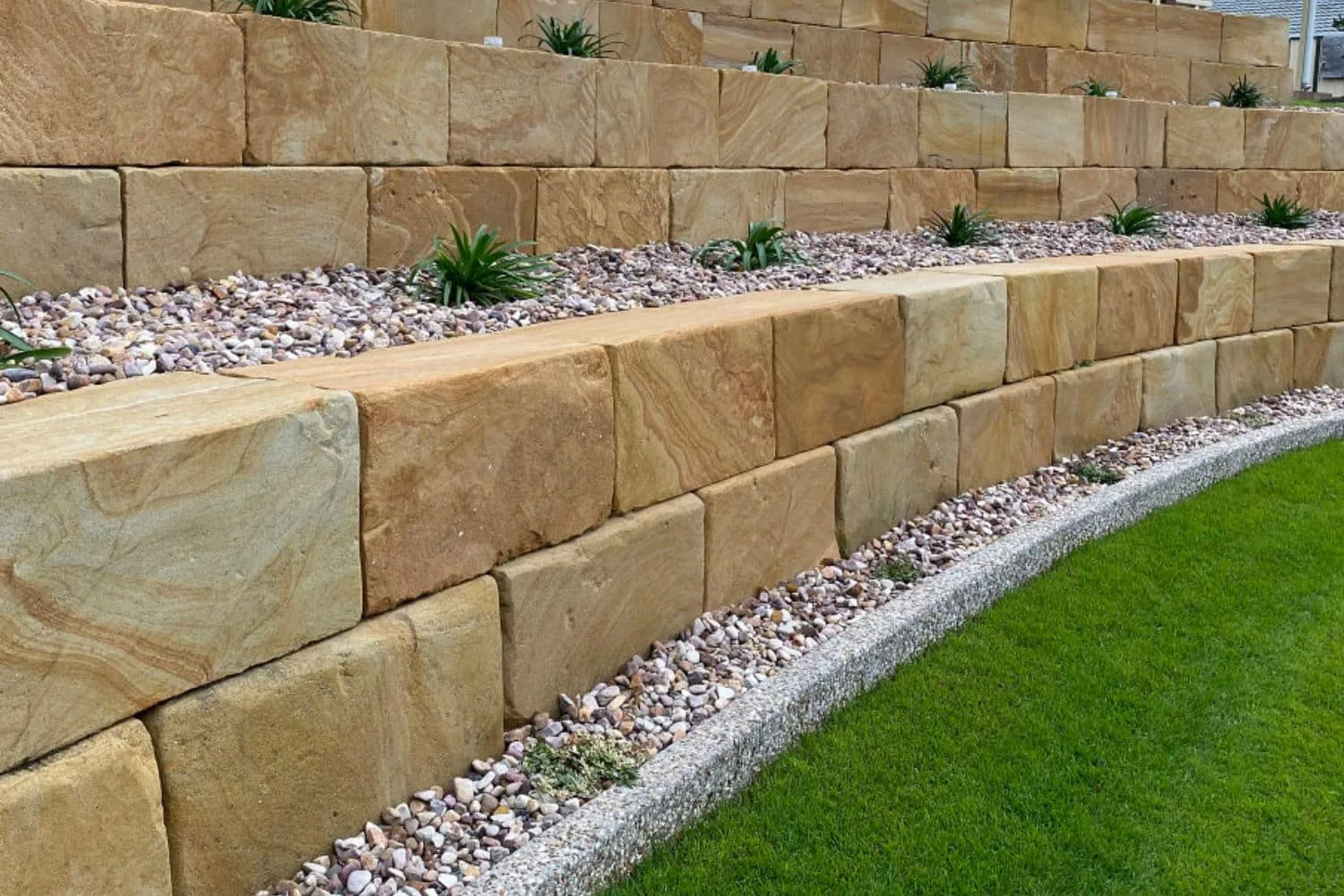 Multi-tiered sandstone retaining wall in a Canberra garden